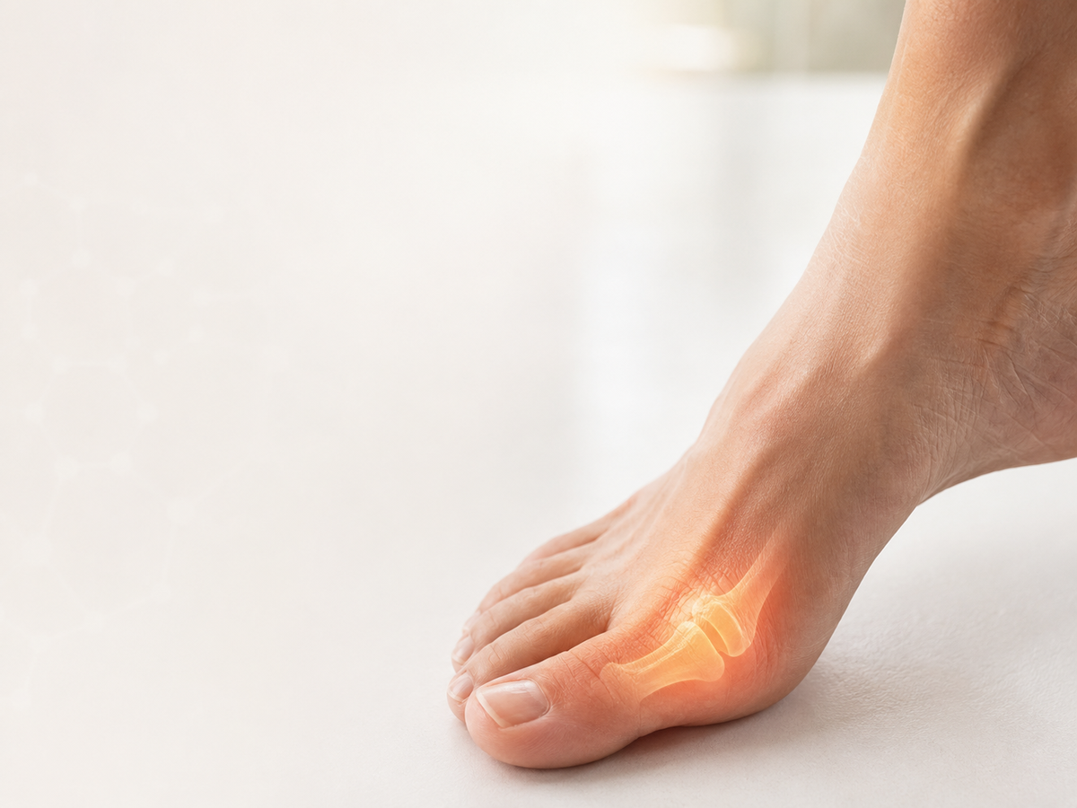 Foot with the big-toe joint highlighted to illustrate a common gout flare location